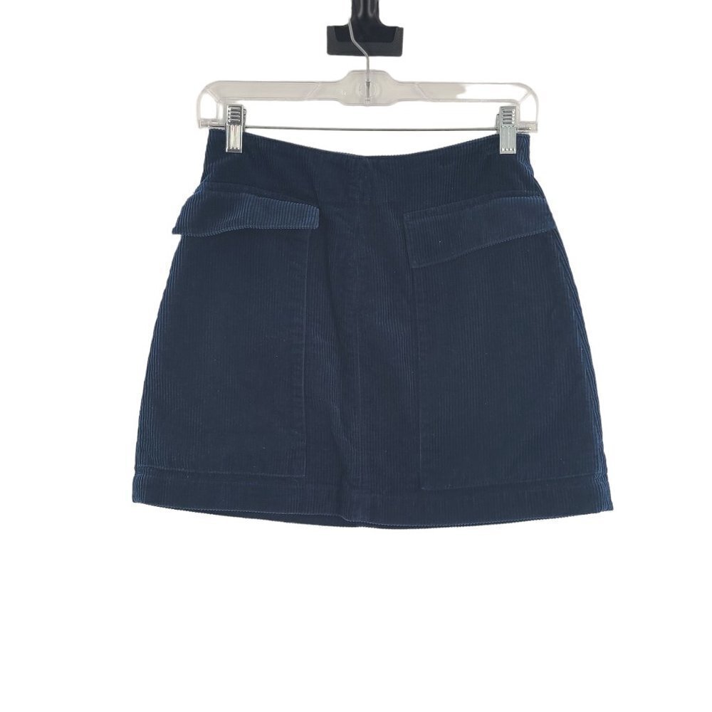 Zara Dark Blue Corduroy Mini Skirt Womens Size XS Flap‎ Pocket Hippie Retro